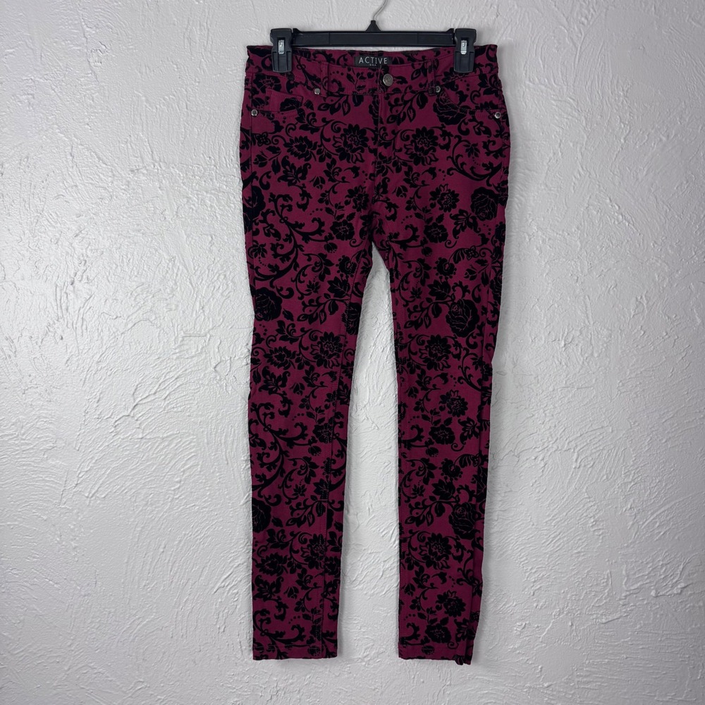 Goth vampire-style blood-red skinny pants w/ black velvet brocade Small gothic